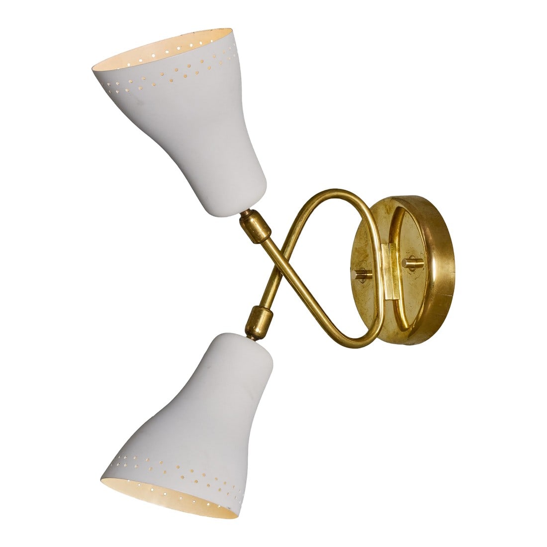 1950s Stilux Milano White Perforated Double Shade Wall Lamp: 1950s Stilux Milano White Perforated Double Shade Wall Lamp An elegant midcentury sconce design executed in perforated white metal on a brass stem. When illuminated, the perforations glow with