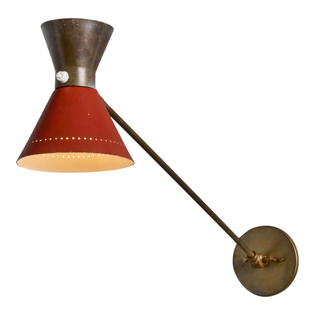 1960s Large Red and Grey Diabolo Articulating Wall Lamp Attributed to Pierre Guariche: 1960s Large Red and Grey Diabolo Articulating Wall Lamp Attributed to Pierre Guariche A rare and elegant example of midcentury French design executed in deep grey and a rich red painted perforated