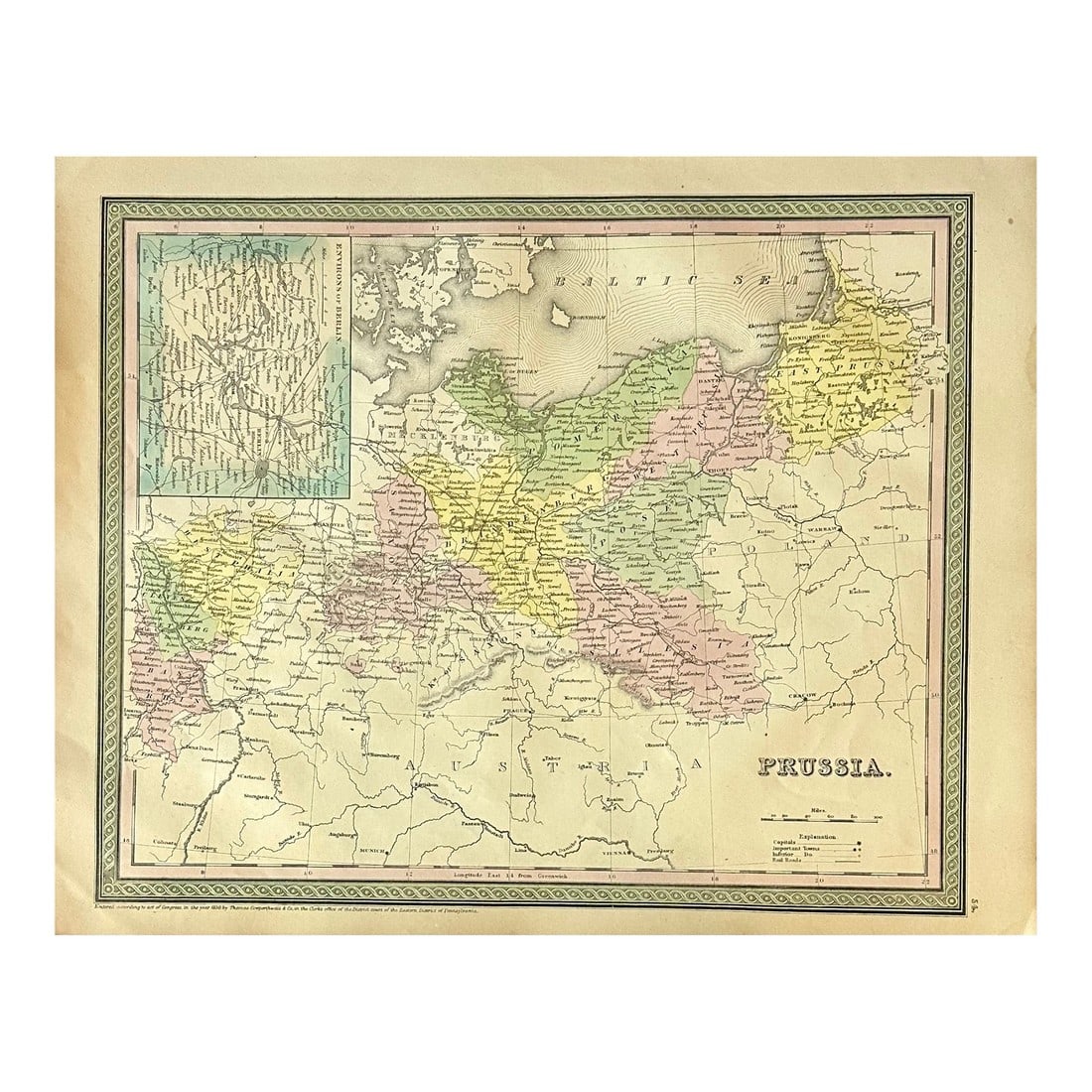 Prussia, Germany, Poland With Inset of Berlin Map by Cowperthwait, 1850: Original engraving by Thomas Cowperthwait, circa 1850. Modern day Germany, Poland, Russia with an inset of Berlin. Beautiful original color. Dimensions 17" x 14". Please note: If you purchase