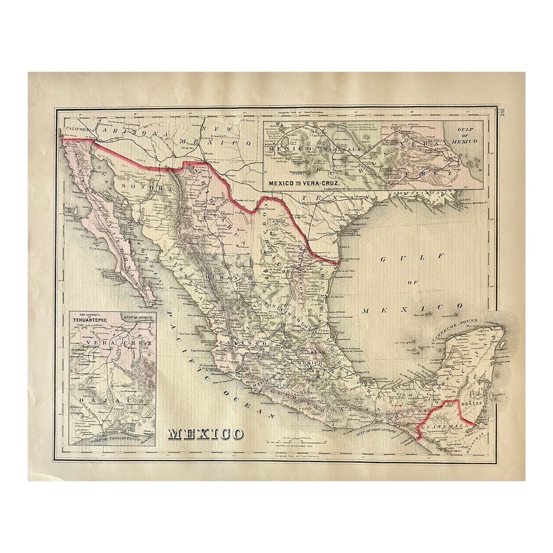 Mexico to Vera Cruz and Tehuantepec, Original Map by Gray, 1884: Original engraving of Mexico with inset of Mexico to Vera Cruz and Tehuantepec by O.W. Gray as part of his "National Atlas" in 1884. Unframed. Dimensions: 17" x 14" Please note: If you purchase