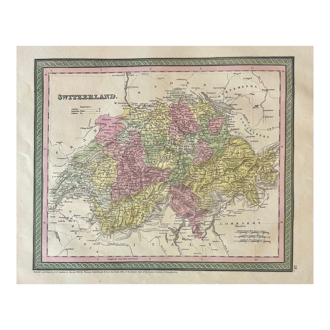 Switzerland Original Map by Mitchell, 1846: Original steel engraving from Samuel Augustus Mitchell's "A New Universal Atlas," 1846. Beautiful original color. In very good condition. Dimensions: 17 x 14" Please note: If you purchase multiple