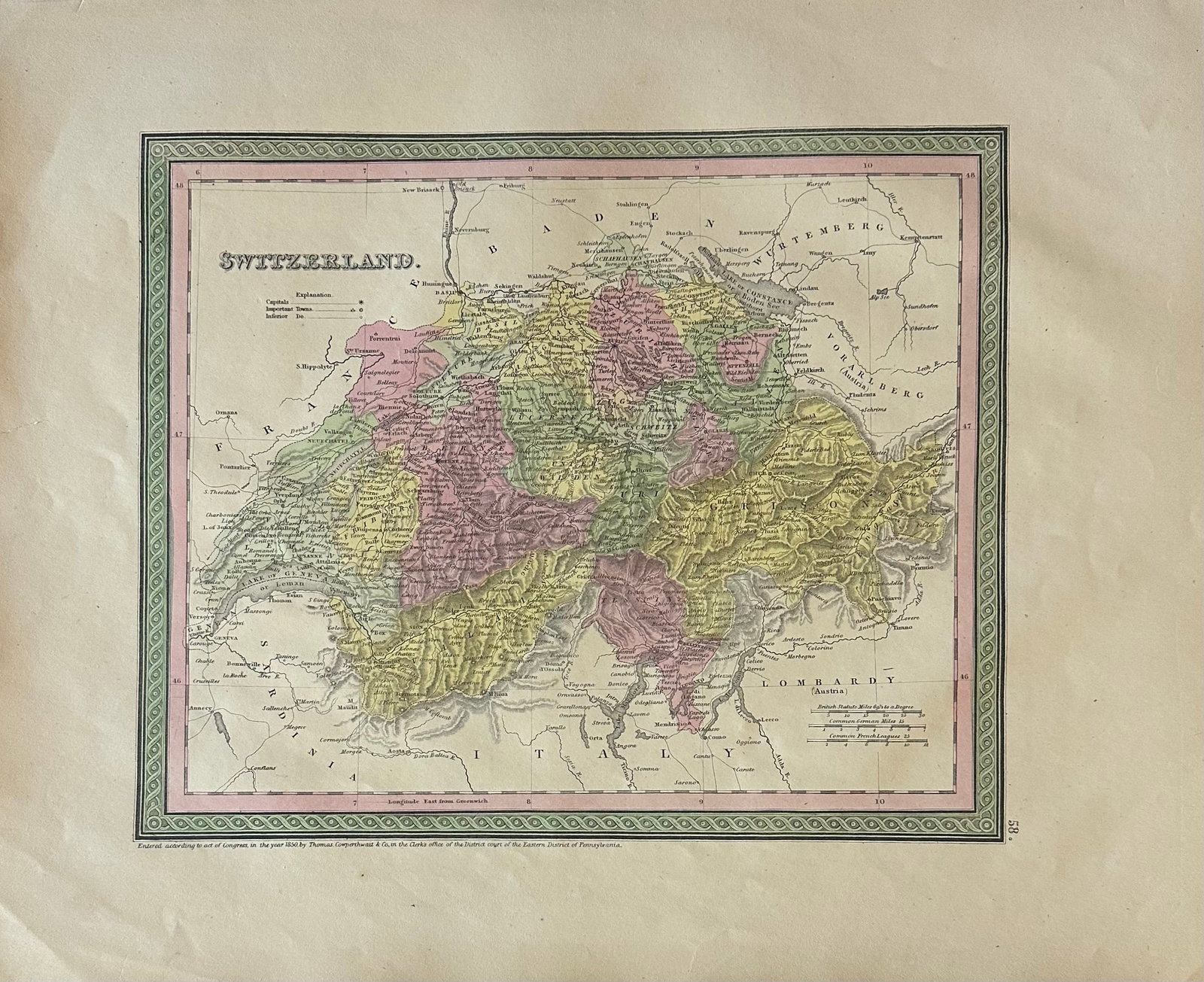 Switzerland Original Map by Mitchell, 1846 - 2