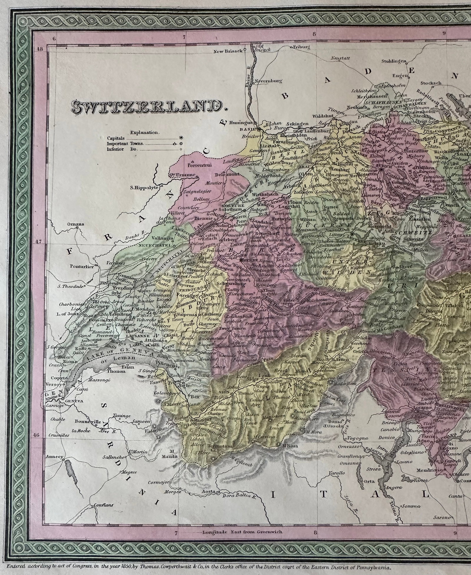 Switzerland Original Map by Mitchell, 1846 - 4