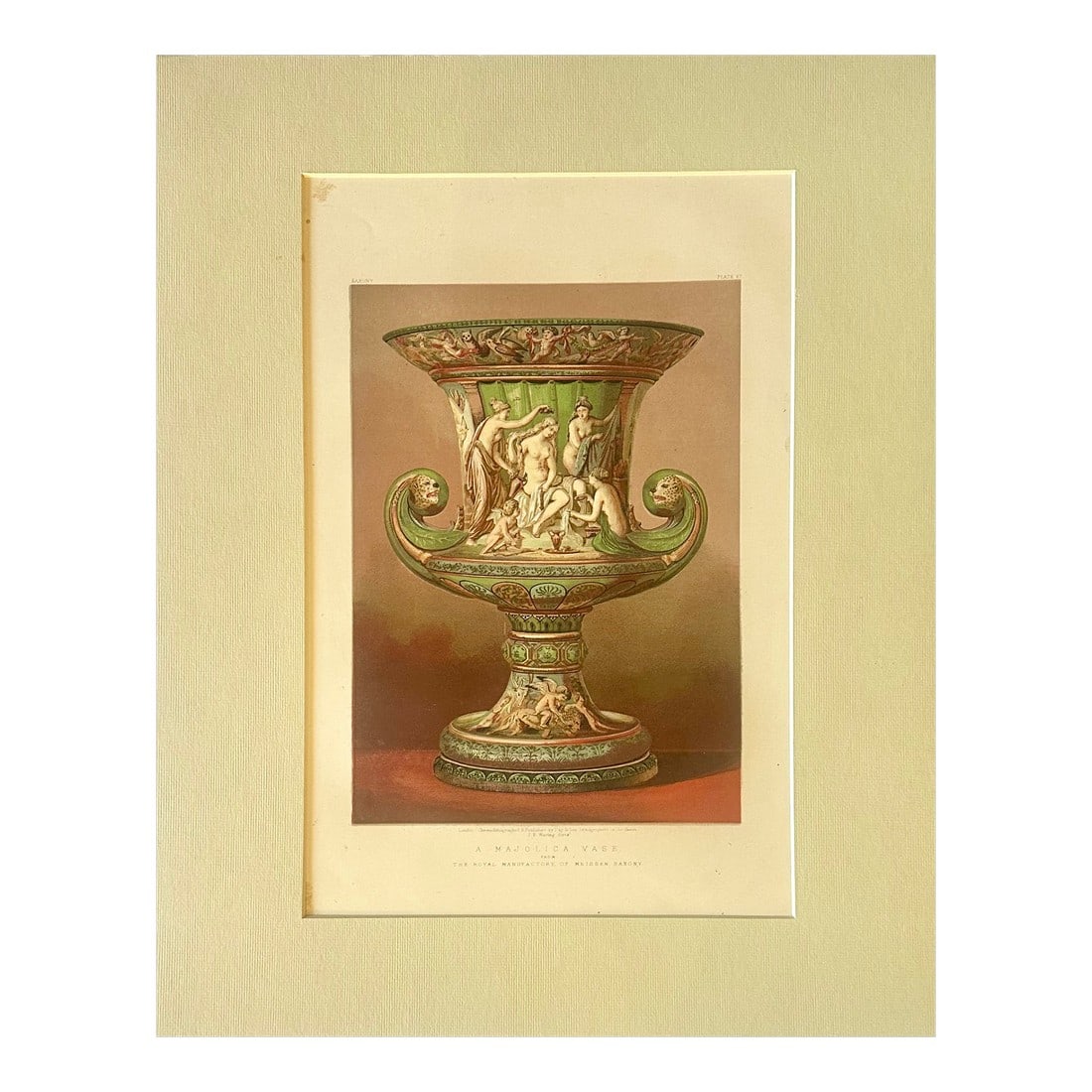 Majolica Vase - Saxony: J. B. Waring 1862 Chromolithograph, 1862: Original chromolithograph from Masterpieces of Industrial Art & Sculpture at the International Exhibition, 1862, Day & Son, London, Lithographers to the Queen. Items selected and described by