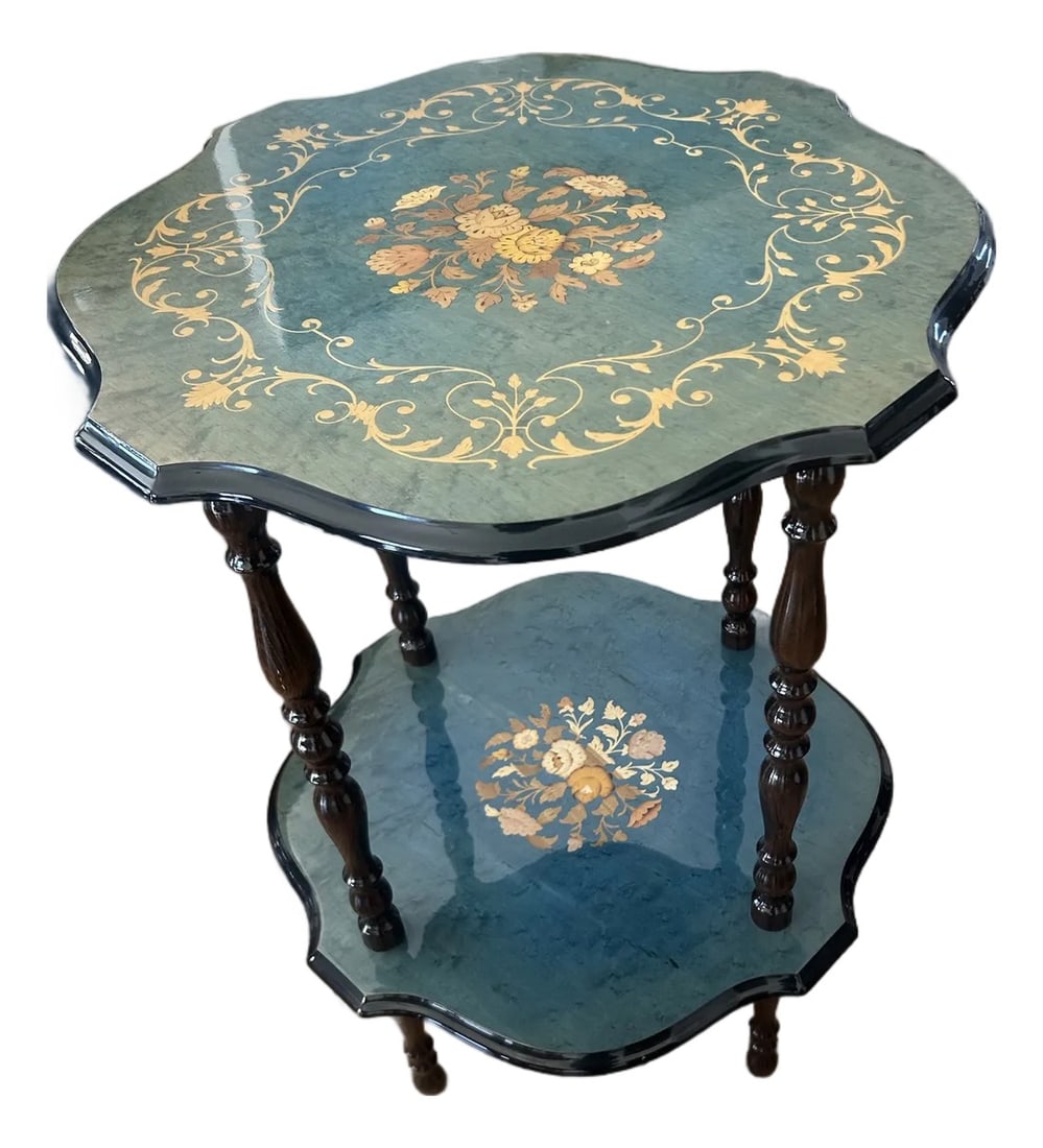 Italian Sorrento Wood Inlay (Marquetry) Tiered Side MCM Table in Mahogany: Impeccable two-tiered accent a masterclass in Italian Sorrento Marquetry (wood inlay). Labor Intensive Handcrafted in Italy during the mid 20th century, it features an ornate, multi-toned floral