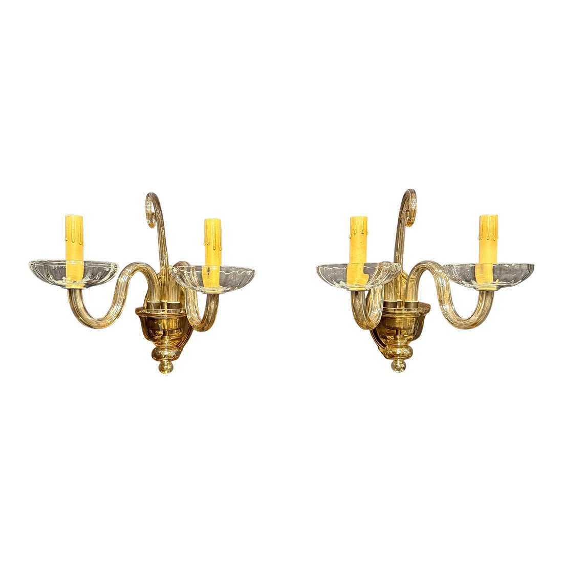 Early 20th Century Murano-Style Glass and Brass Two-Light Wall Sconces - a Pair: Elegant pair of Murano-style two-light wall sconces crafted in Czechoslovakia, each stamped "Made in Czechoslov." "” a mark typically associated with export production of the 1920s–1930s.