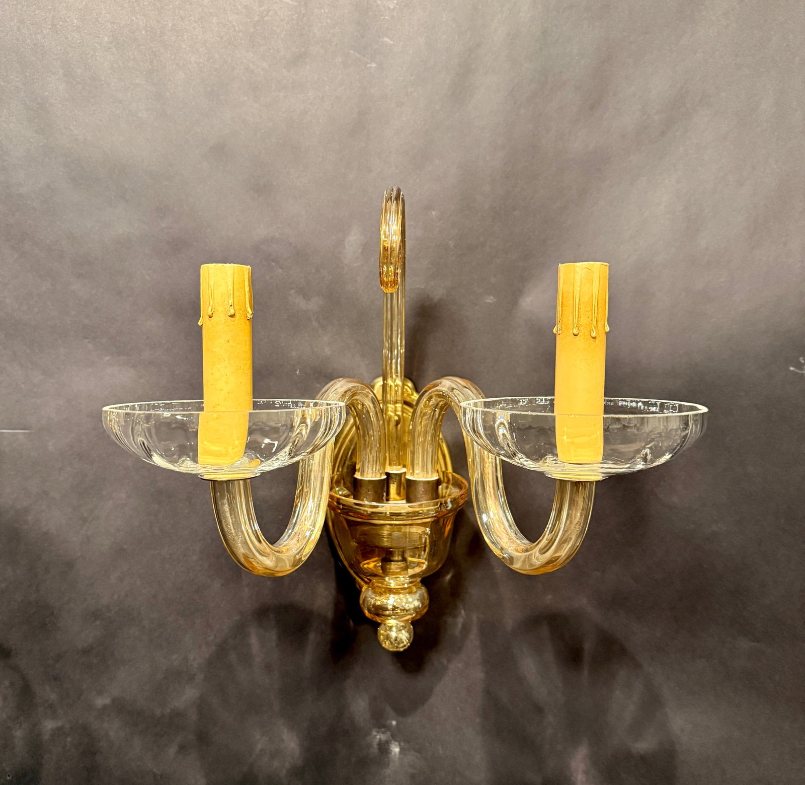Early 20th Century Murano-Style Glass and Brass Two-Light Wall Sconces - a Pair - 2