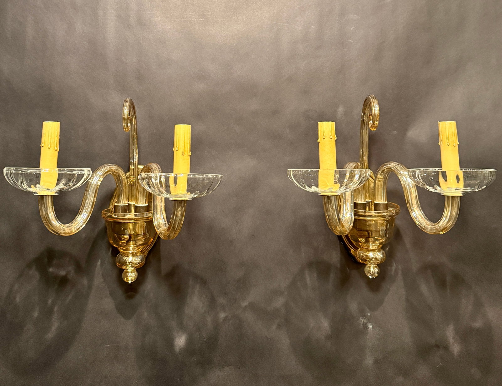 Early 20th Century Murano-Style Glass and Brass Two-Light Wall Sconces - a Pair - 3
