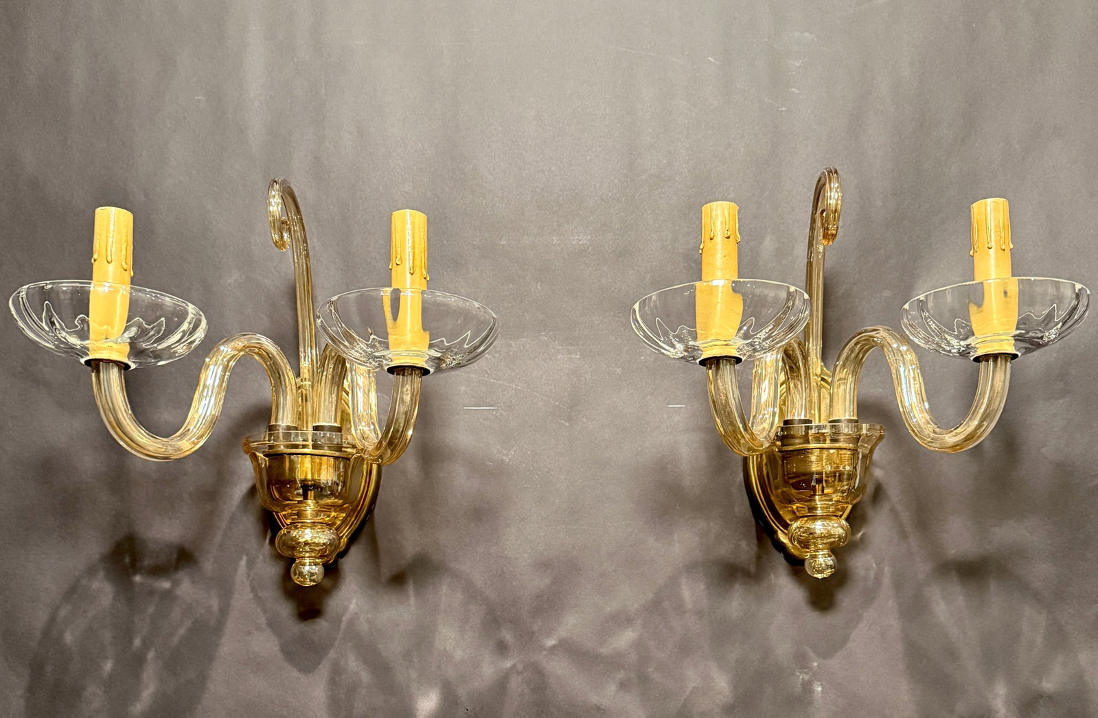 Early 20th Century Murano-Style Glass and Brass Two-Light Wall Sconces - a Pair - 4