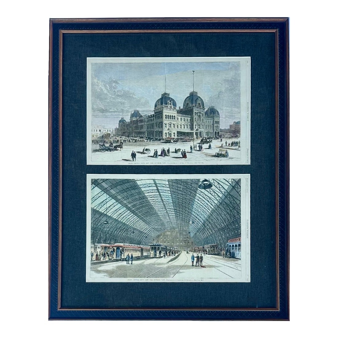 Grand Central Station New York City Framed Pair (Interior & Exterior Views), 1872: Original hand colored wood engravings from Harper's Weekly, February 3, 1872. The unique pair presents a historical before-and-after perspective on New York's Grand Central Station, both its exterior