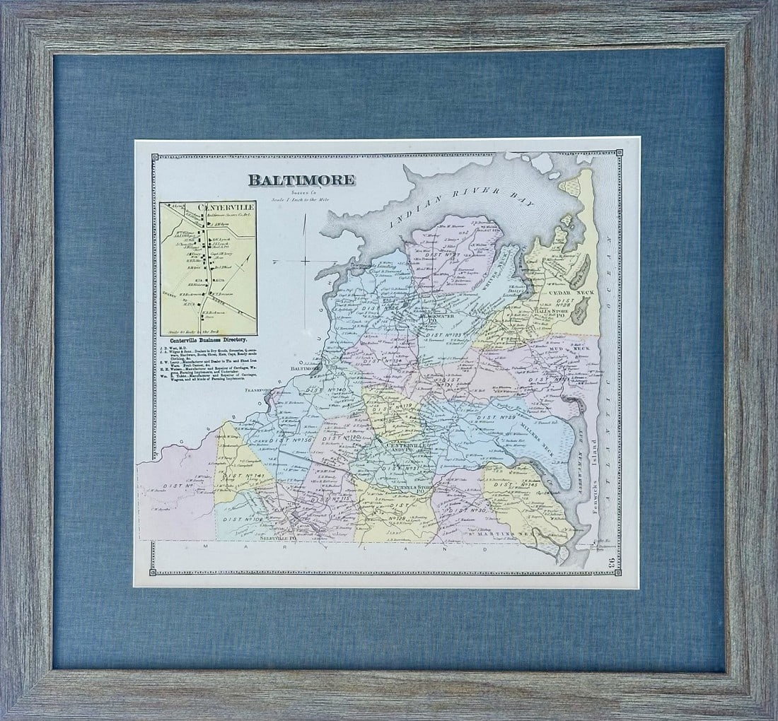 Baltimore Hundred in Sussex County, Delaware, Print From Beer's & Pomeroy, Framed: A reproduction print of the 1868 map of Baltimore Hundred and Centerville in Sussex County, Delaware, originally published by Pomeroy and Beers. The map features detailed land ownership, numbered