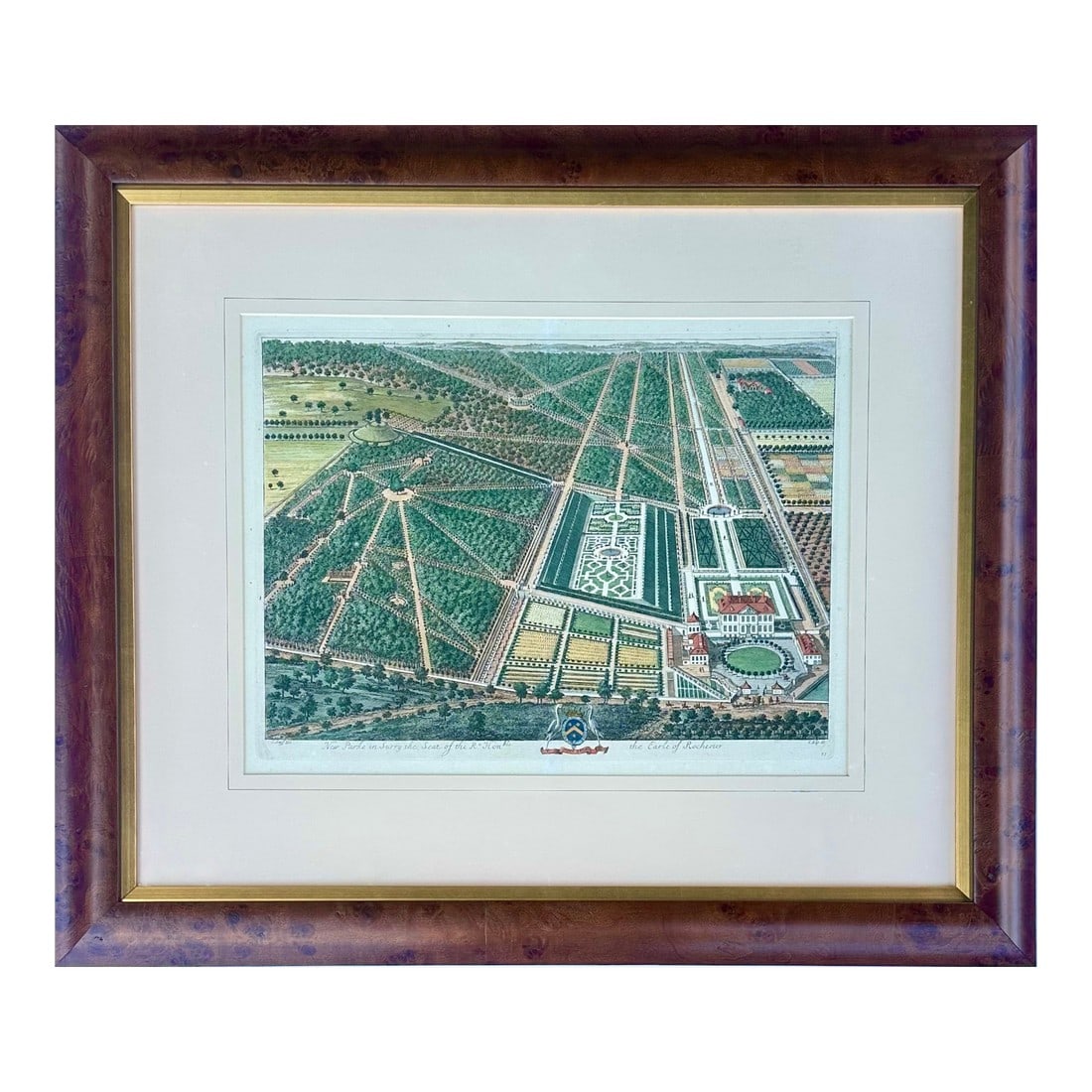 New Park Surrey / Richmond, Seat of the Earl of Rochester by Johannes Kip, Original Print, Circa 171: A stunning and historically significant 18th-century original hand colored copperplate engraving titled "New Park in Surrey," by Johannes Kip, 1712. It features a detailed bird's-eye view of the New