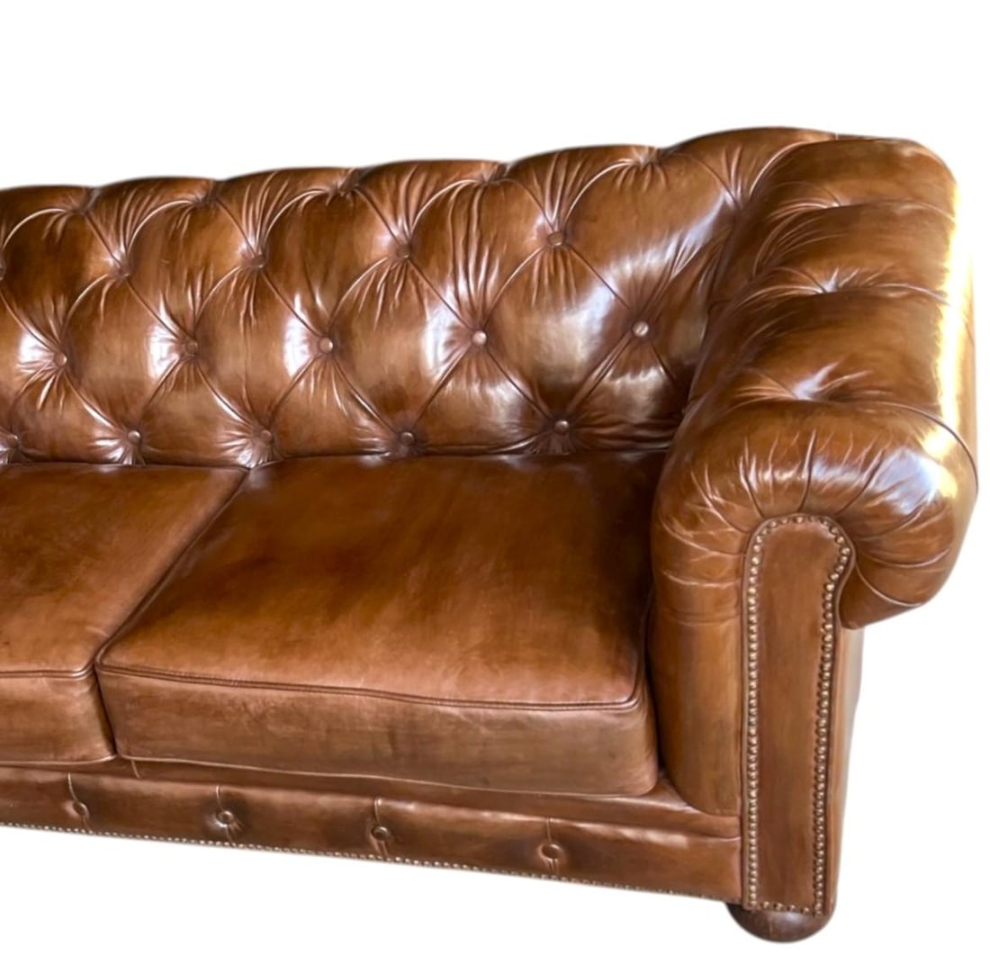 Vintage Chesterfield Tufted Leather Sofa, Fully Restored With Brass Nail Head Trim - 10