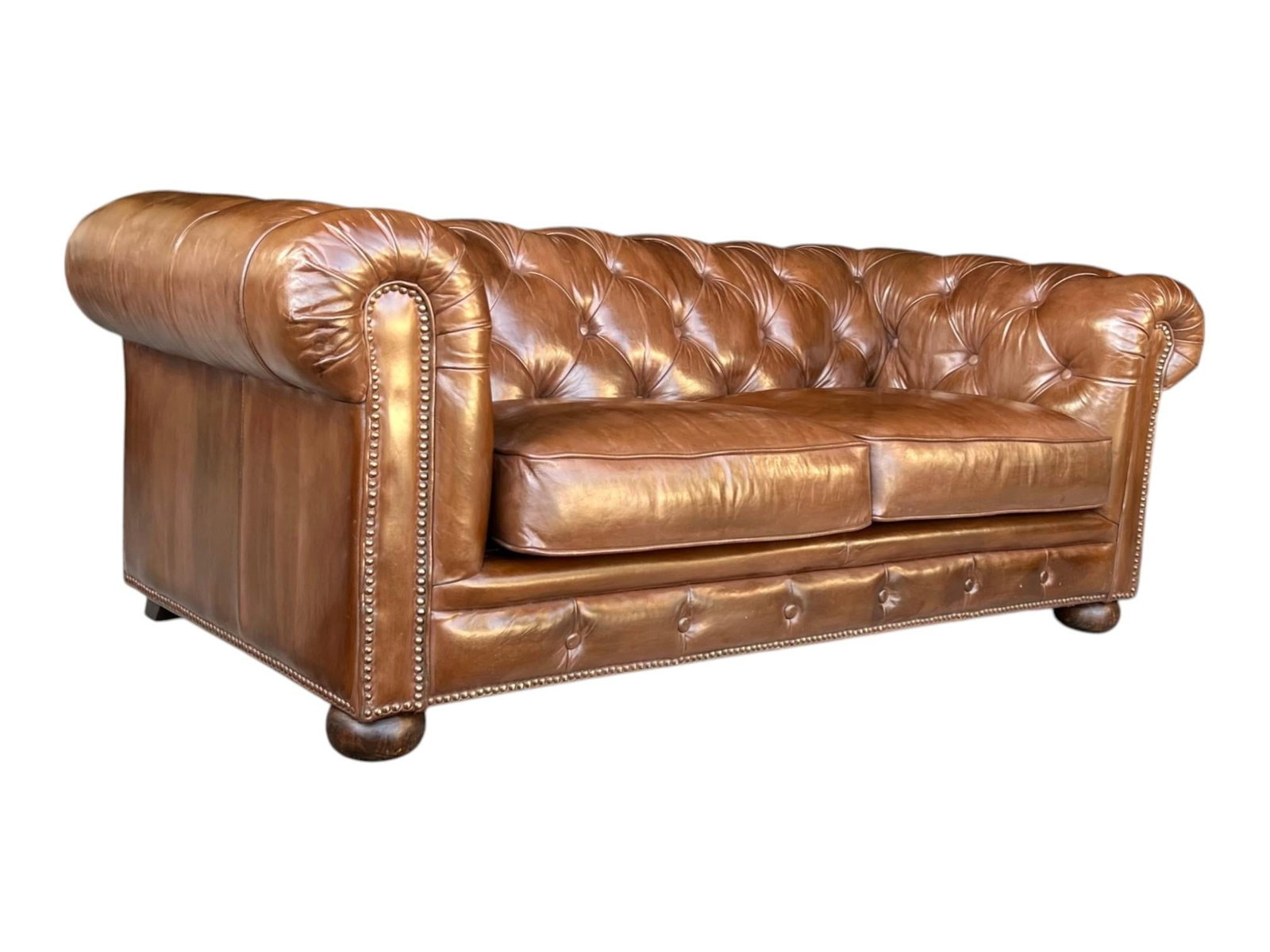 Vintage Chesterfield Tufted Leather Sofa, Fully Restored With Brass Nail Head Trim - 11