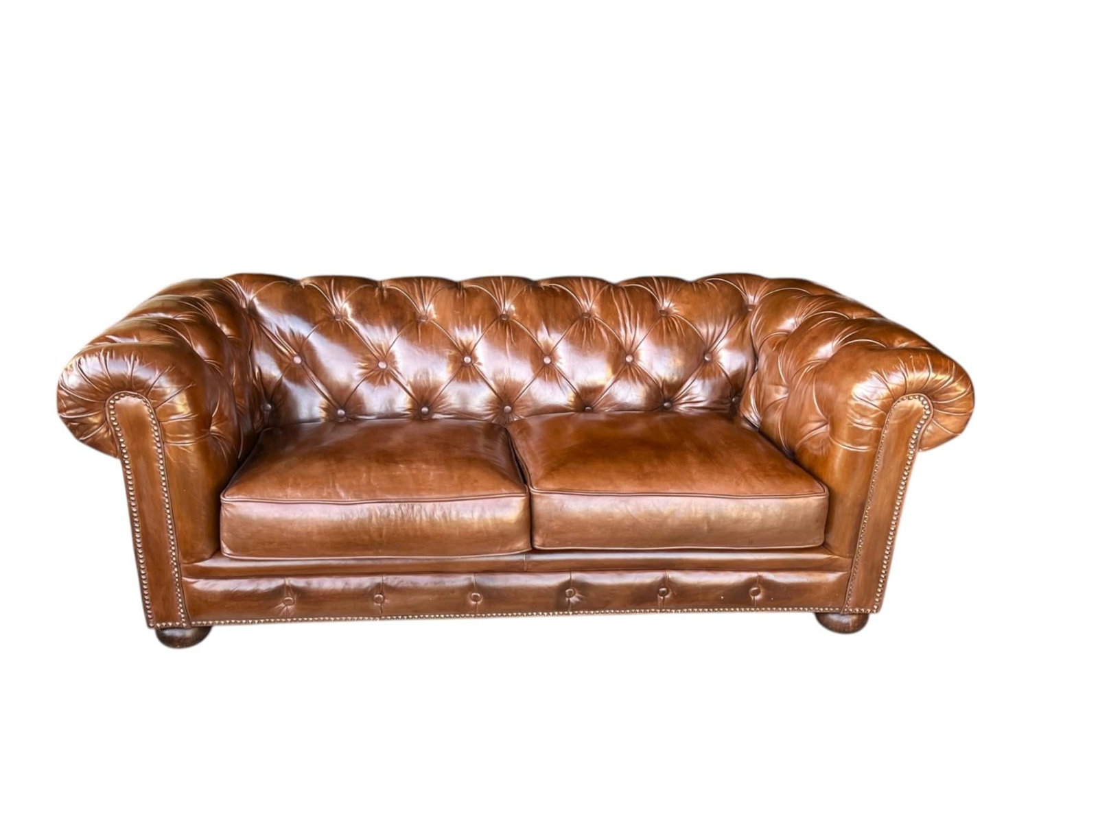 Vintage Chesterfield Tufted Leather Sofa, Fully Restored With Brass Nail Head Trim - 2