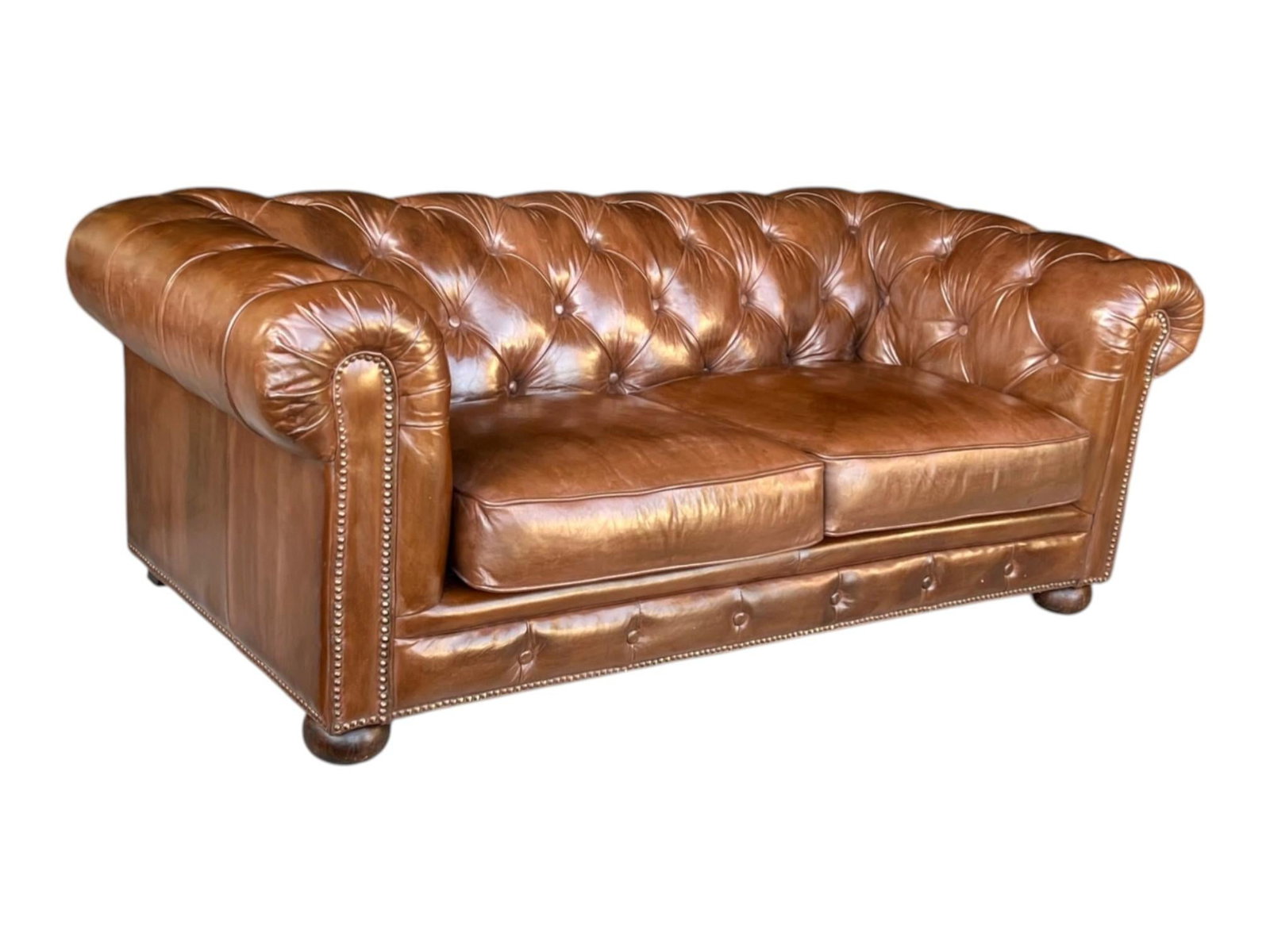 Vintage Chesterfield Tufted Leather Sofa, Fully Restored With Brass Nail Head Trim - 3