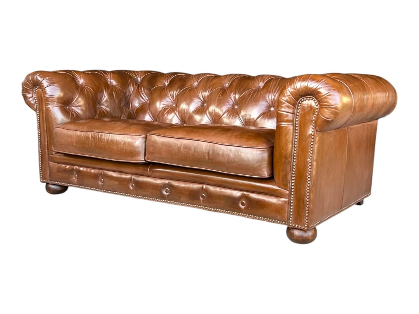 Vintage Chesterfield Tufted Leather Sofa, Fully Restored With Brass Nail Head Trim - 4