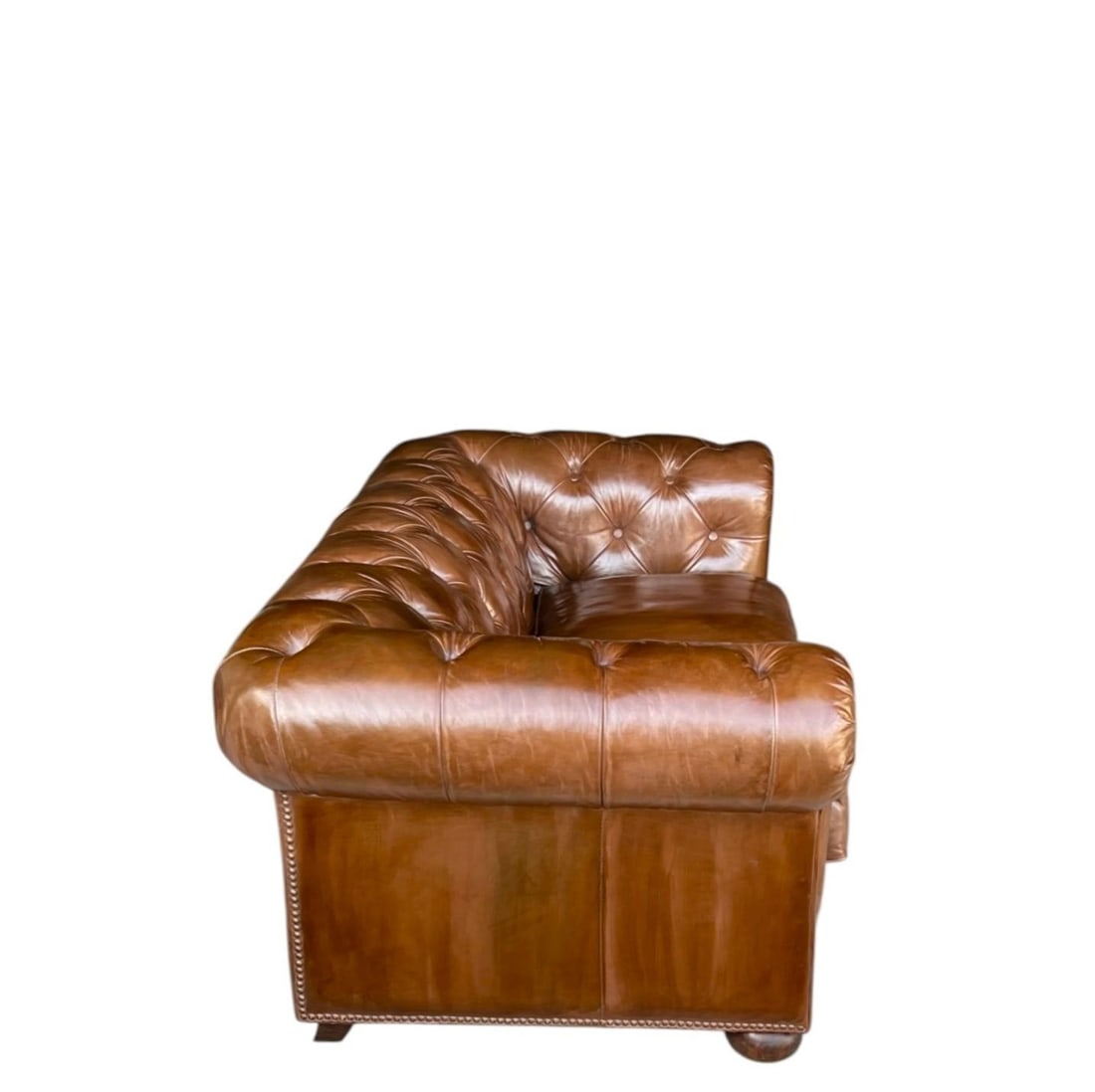 Vintage Chesterfield Tufted Leather Sofa, Fully Restored With Brass Nail Head Trim - 7