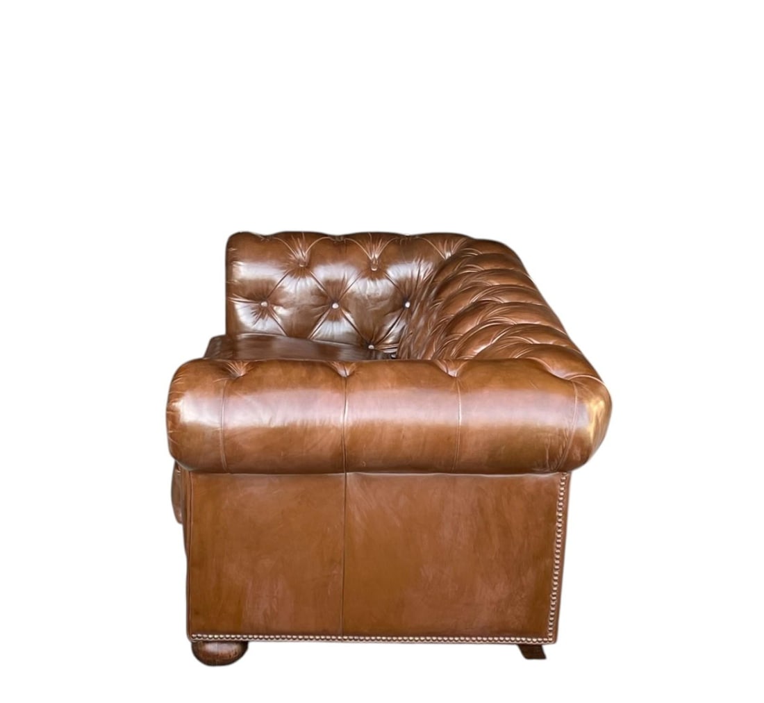 Vintage Chesterfield Tufted Leather Sofa, Fully Restored With Brass Nail Head Trim - 8