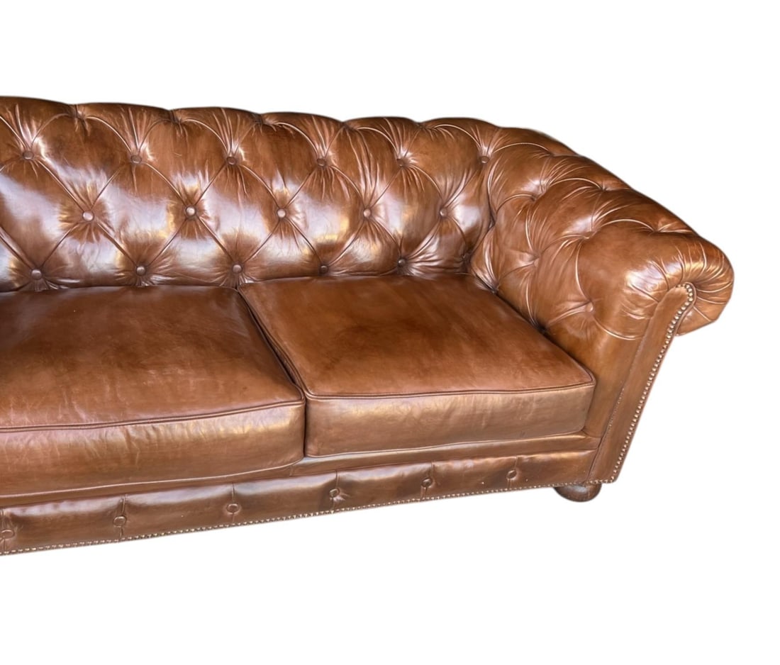 Vintage Chesterfield Tufted Leather Sofa, Fully Restored With Brass Nail Head Trim - 9