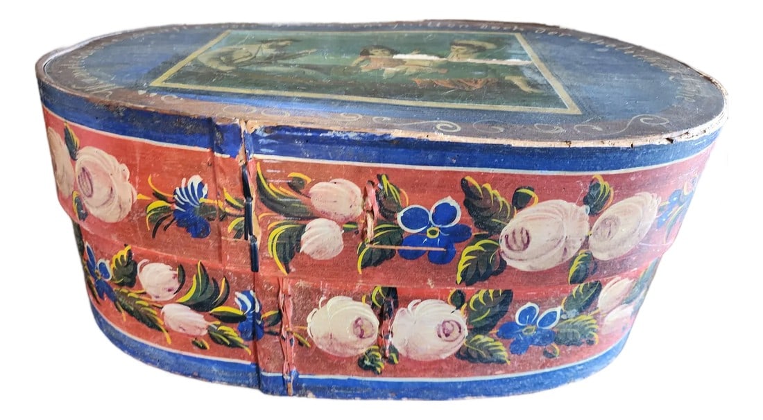 Beautiful Handmade and Hand Painted German Wedding Box Dated 1897: Beautiful box with plump blush roses painted on the sides and decorated with a beautiful print scene on top. Likely a wedding gift hand made and painted for some ones memories. Not only is it