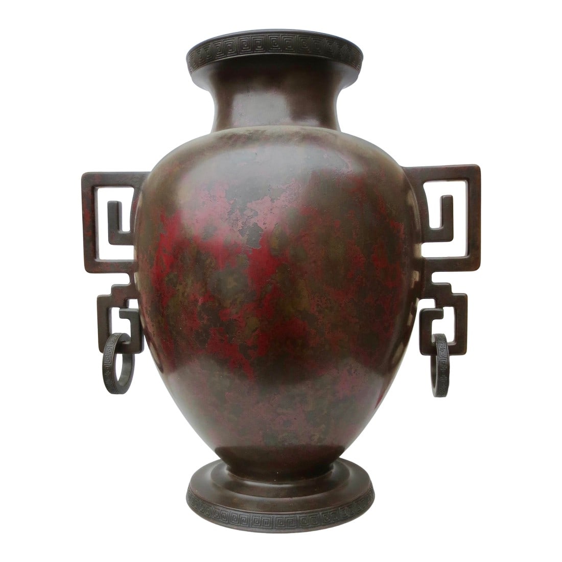 Massive Japanese Meiji Bronze Vase by Sencho Ku Circa 1900: Beautiful and Massive Bronze vase by Sencho Ku, Japanese ( 1868-1912). Beautifully made with a large oval body, egg-shaped form flanked by Greek Key style fretwork. The flanks carry a dangle ring