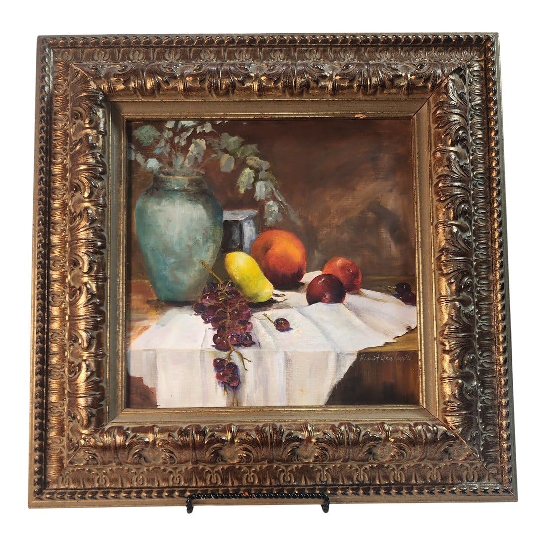 Gorgeous Original Still Life by Harriet Anne Curtis: Lovely still life painting of fruit with grapes dripping over the edge of the table cloth. Impressionistic with bold bright colors in a beautiful frame. Painting itself is 12x12, with frame it is