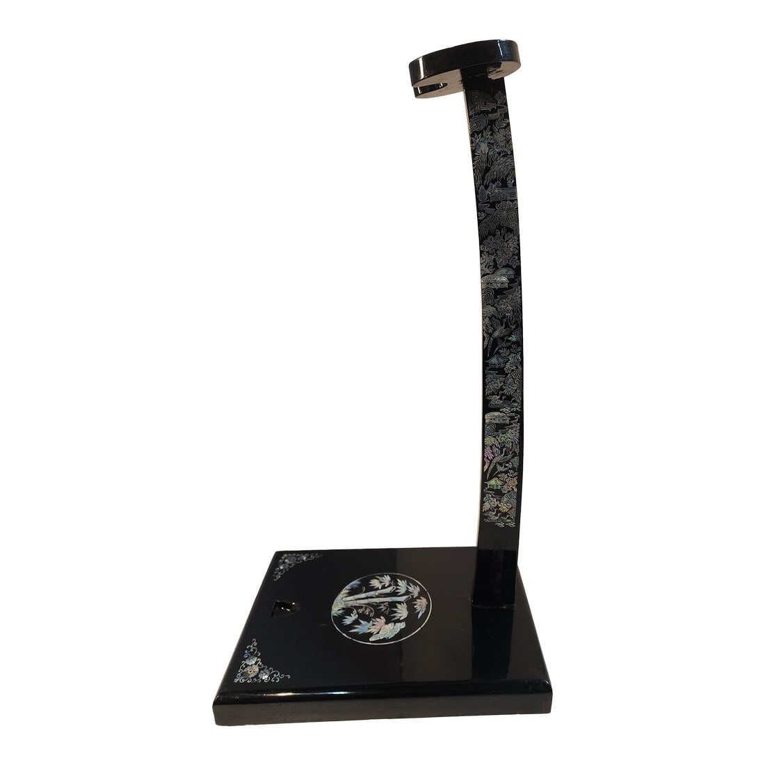 Antique Japanese Sword Stand: Black Lacquer With Abalone Inlay: A stunning way to show off your Katana sword on this beautiful stand. It has minor chips due to age but overall is in very nice condition. jWe will be sure to carefully package and ship to you for