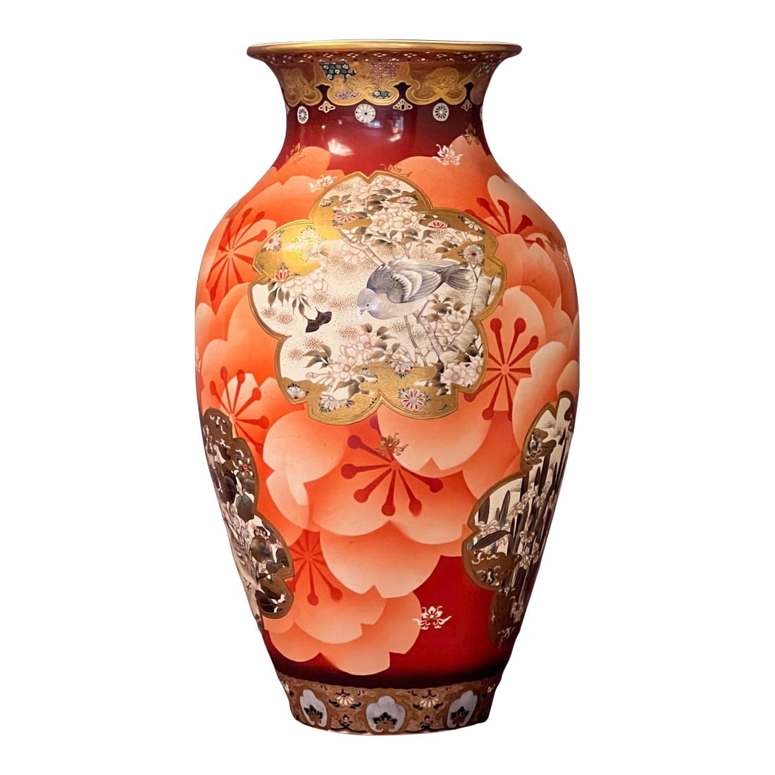 Antique Japanese Meiji Period Satsuma Floor Vase on Stand, Hand Painted Bird Panels, 21"