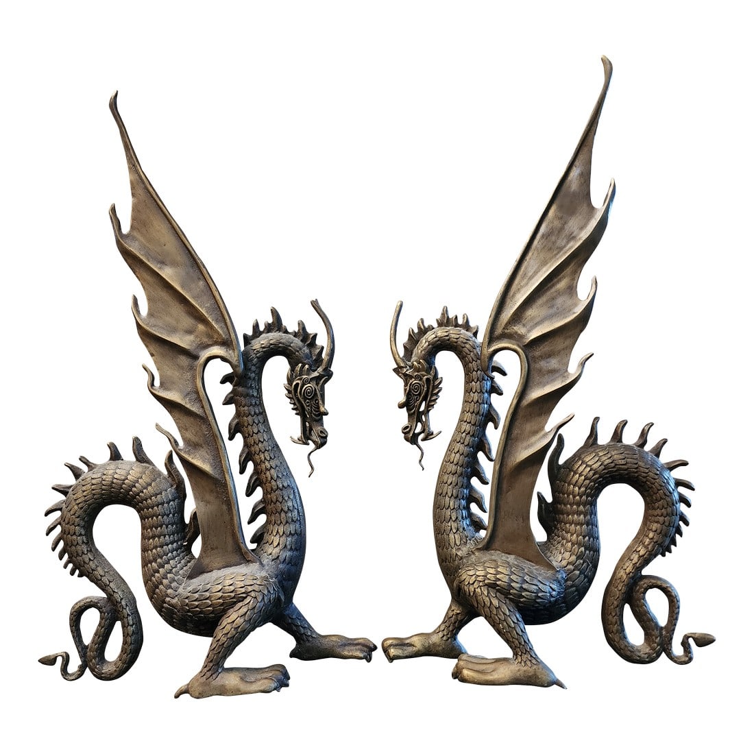 1990s Pair of Bronze Dragon Sculptures Left and Right Facing: These may have been made for a fireplace andiron or door stop. Whatever, they are fantastic and gorgeous. Each dragon is very intricate and stands 20 inches tall and stands on its own. Unique and in
