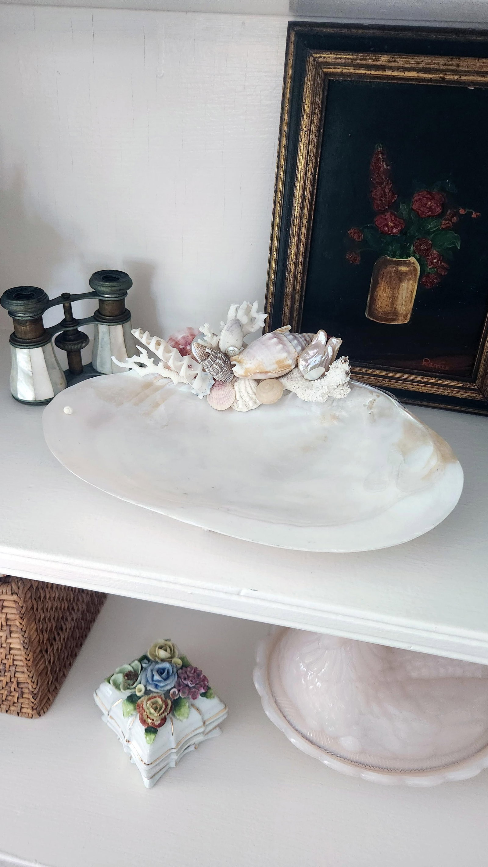 Handcrafted Oyster Shell Tray With Vintage Seashell Composition & Biwa Pearls "” Coastal - 14