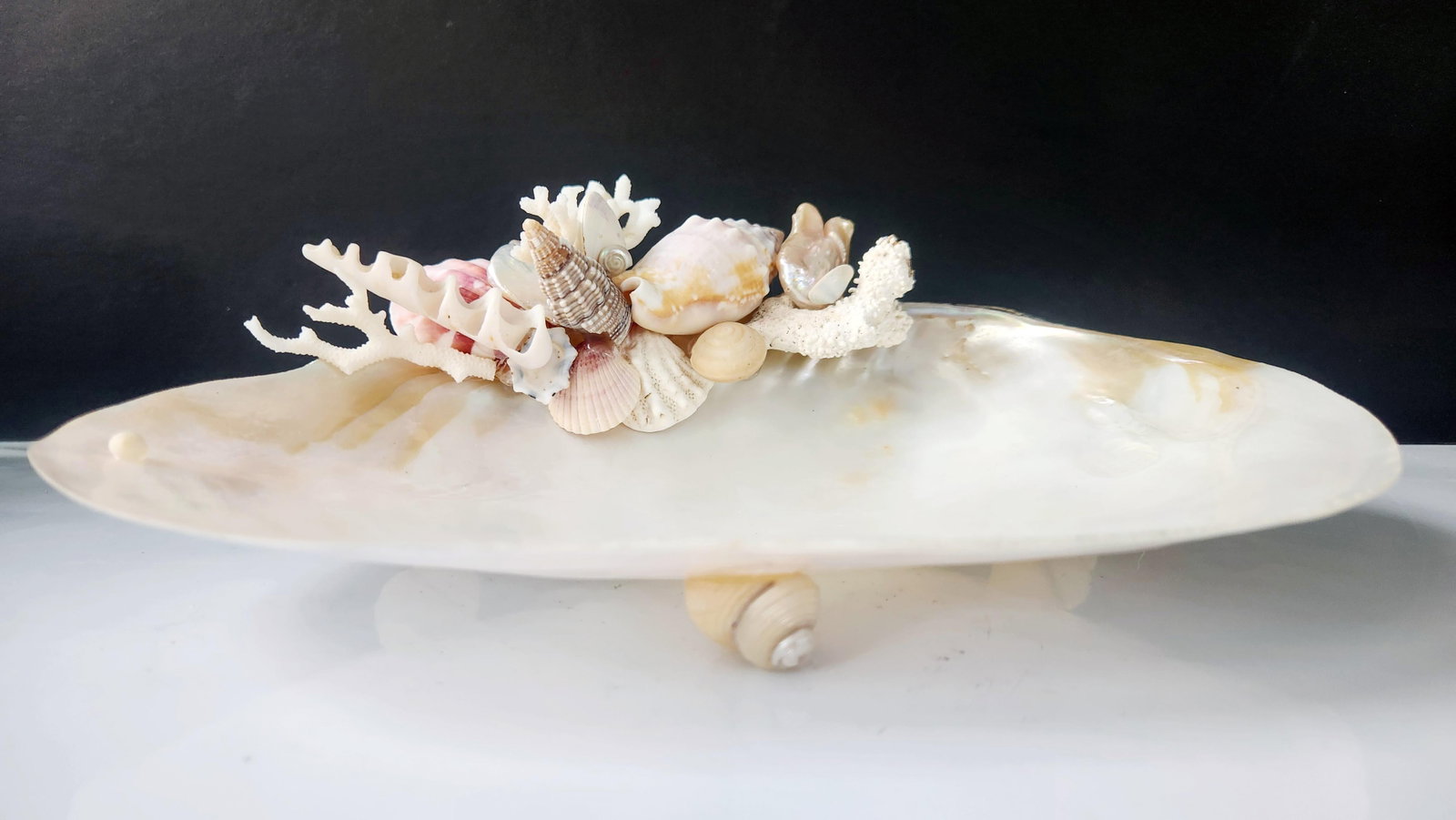 Handcrafted Oyster Shell Tray With Vintage Seashell Composition & Biwa Pearls "” Coastal - 4