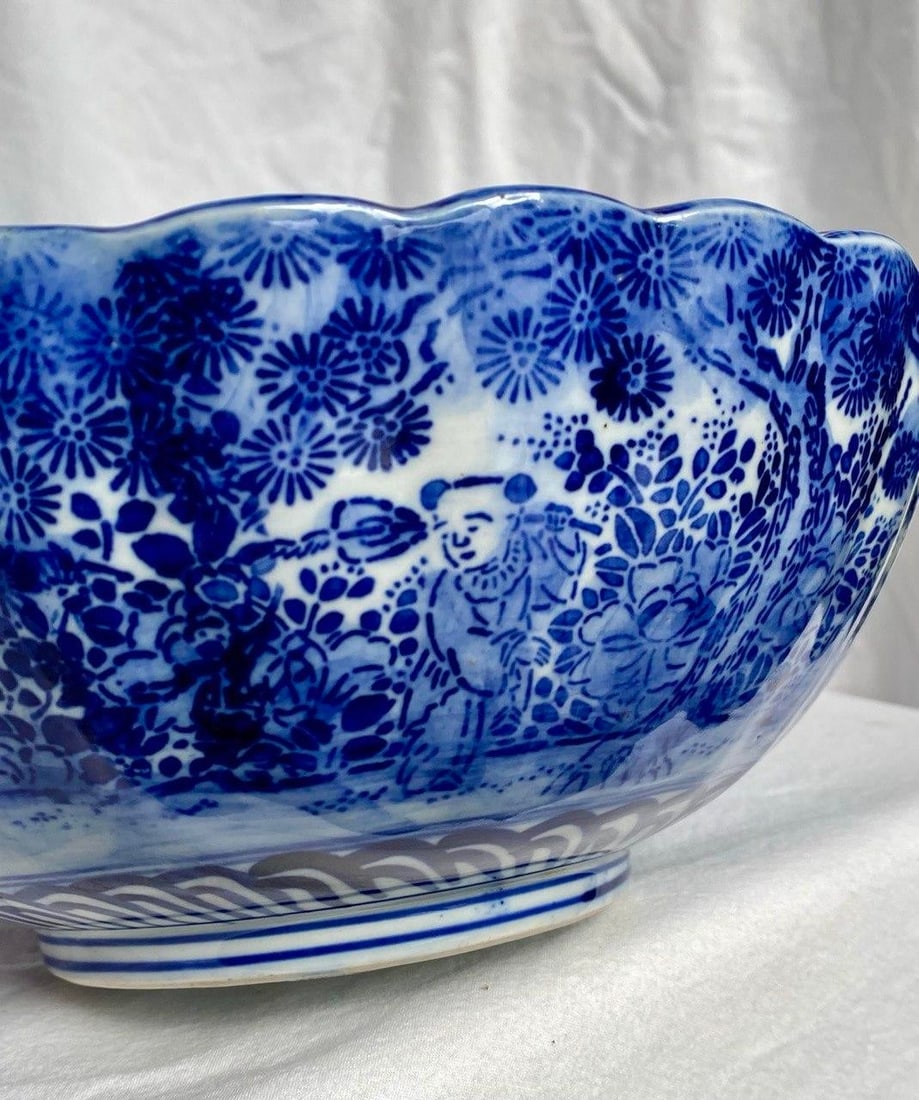 Late Qing Chinese Blue & White Porcelain Phoenix Bowl – 9.5" Scalloped Rim – Hand - 11