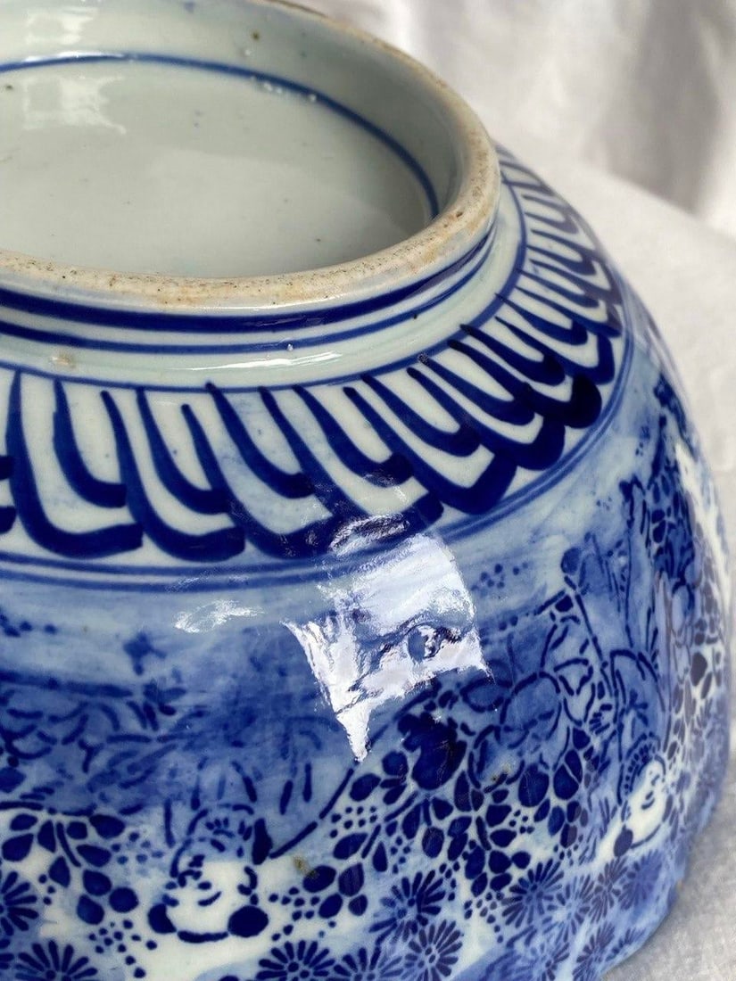Late Qing Chinese Blue & White Porcelain Phoenix Bowl – 9.5" Scalloped Rim – Hand - 12