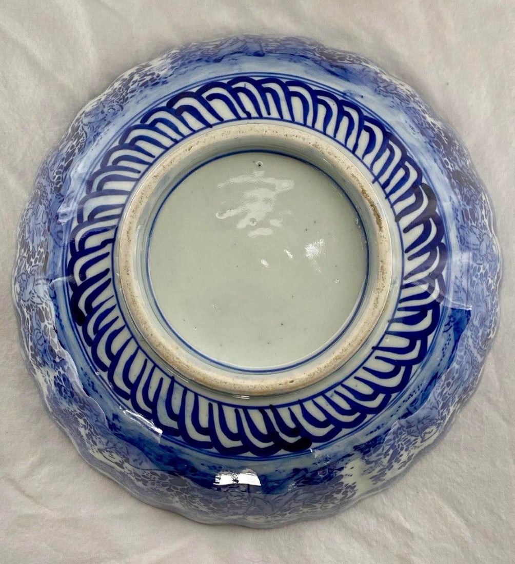 Late Qing Chinese Blue & White Porcelain Phoenix Bowl – 9.5" Scalloped Rim – Hand - 13