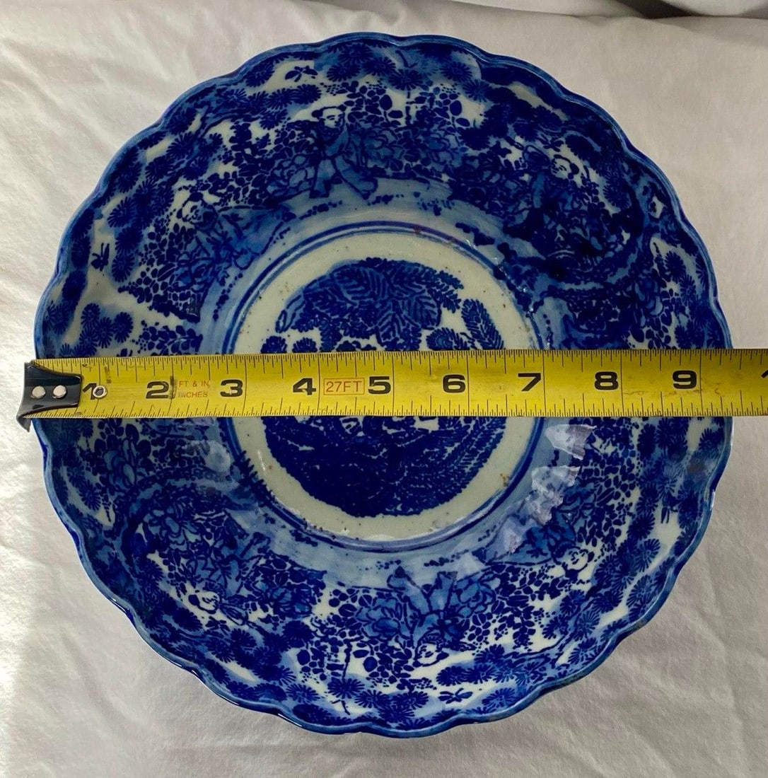 Late Qing Chinese Blue & White Porcelain Phoenix Bowl – 9.5" Scalloped Rim – Hand - 14