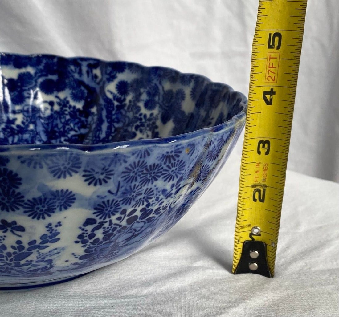 Late Qing Chinese Blue & White Porcelain Phoenix Bowl – 9.5" Scalloped Rim – Hand - 15