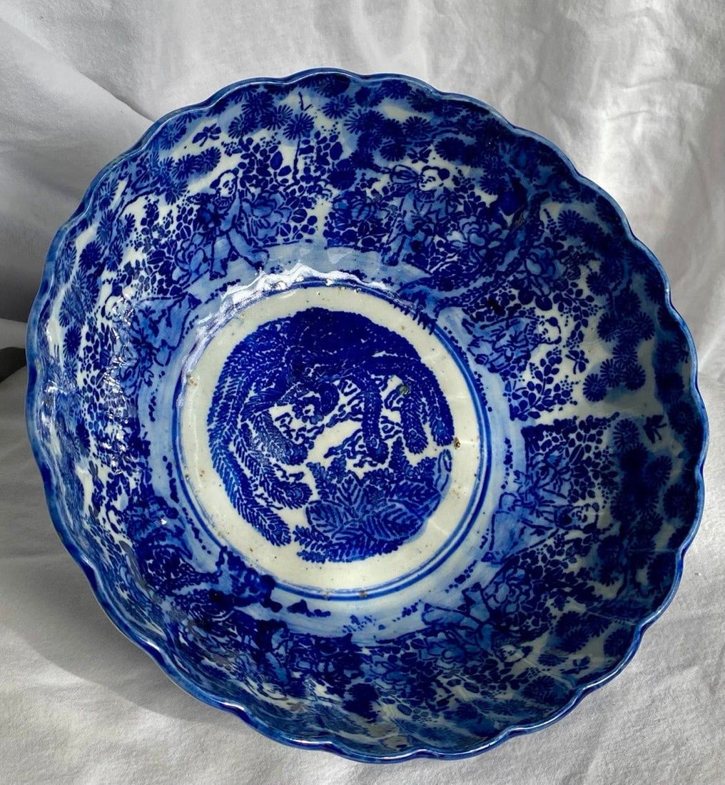 Late Qing Chinese Blue & White Porcelain Phoenix Bowl – 9.5" Scalloped Rim – Hand - 3