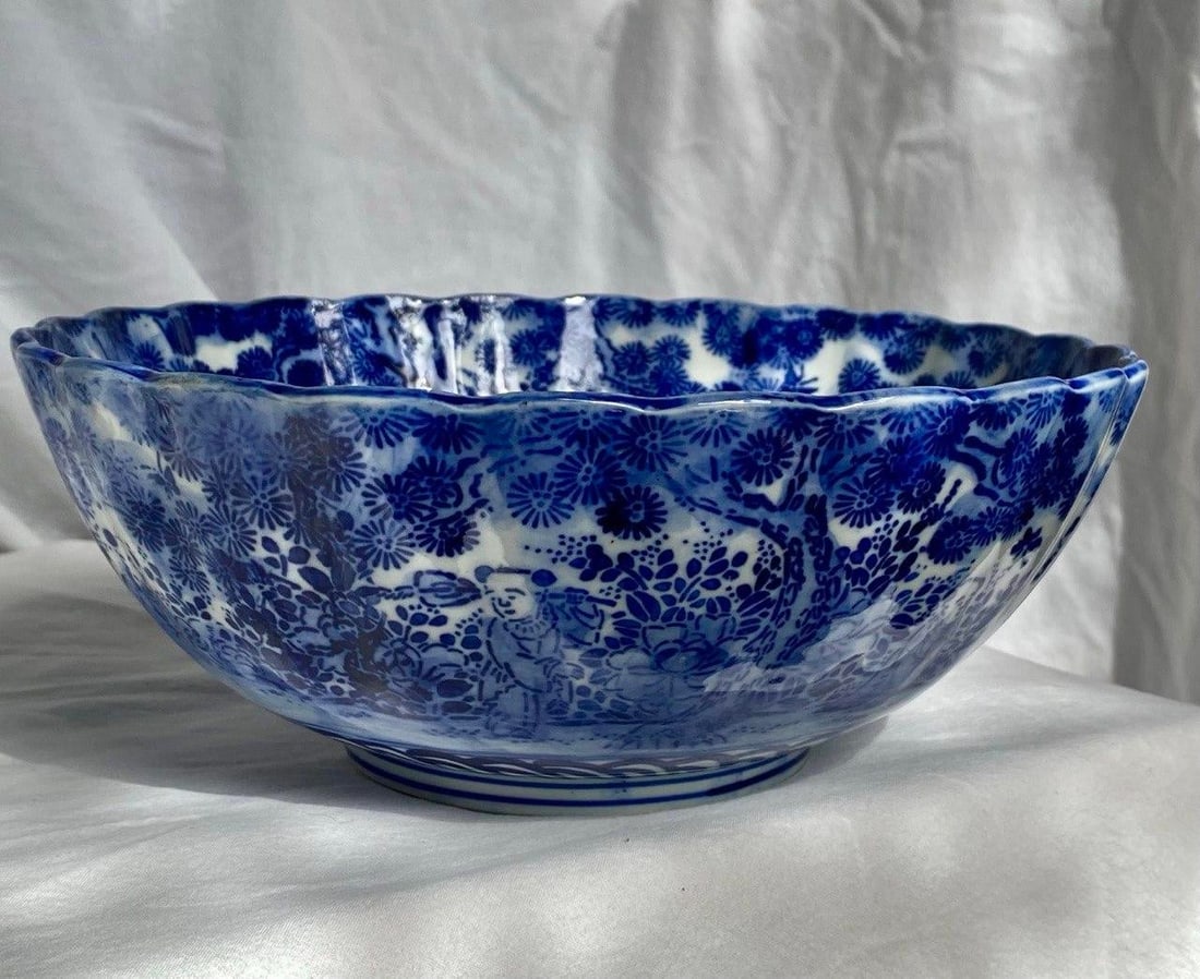 Late Qing Chinese Blue & White Porcelain Phoenix Bowl – 9.5" Scalloped Rim – Hand - 4