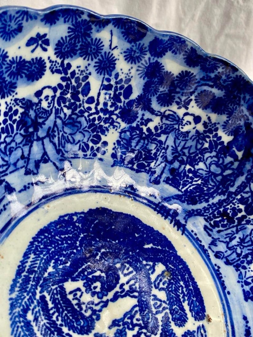 Late Qing Chinese Blue & White Porcelain Phoenix Bowl – 9.5" Scalloped Rim – Hand - 5