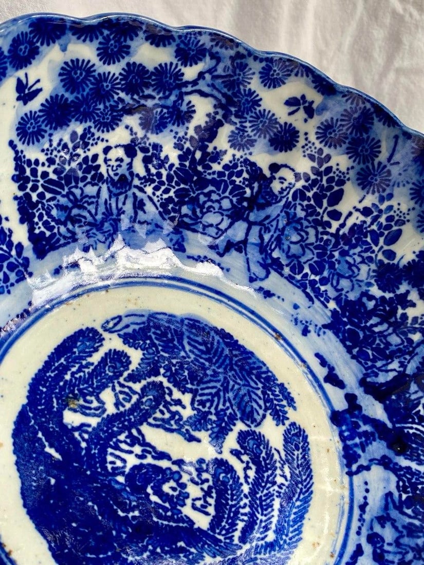 Late Qing Chinese Blue & White Porcelain Phoenix Bowl – 9.5" Scalloped Rim – Hand - 6