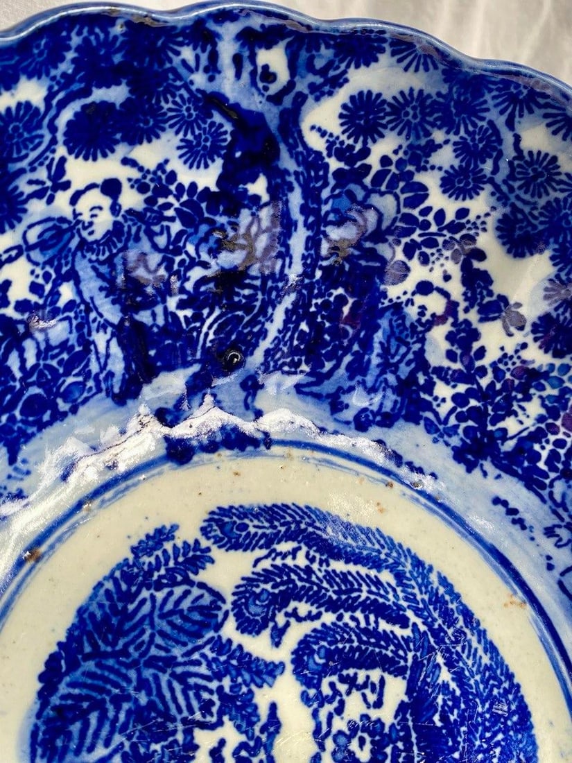 Late Qing Chinese Blue & White Porcelain Phoenix Bowl – 9.5" Scalloped Rim – Hand - 7