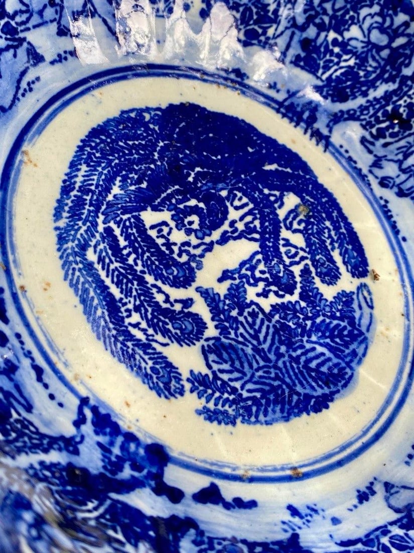 Late Qing Chinese Blue & White Porcelain Phoenix Bowl – 9.5" Scalloped Rim – Hand - 8