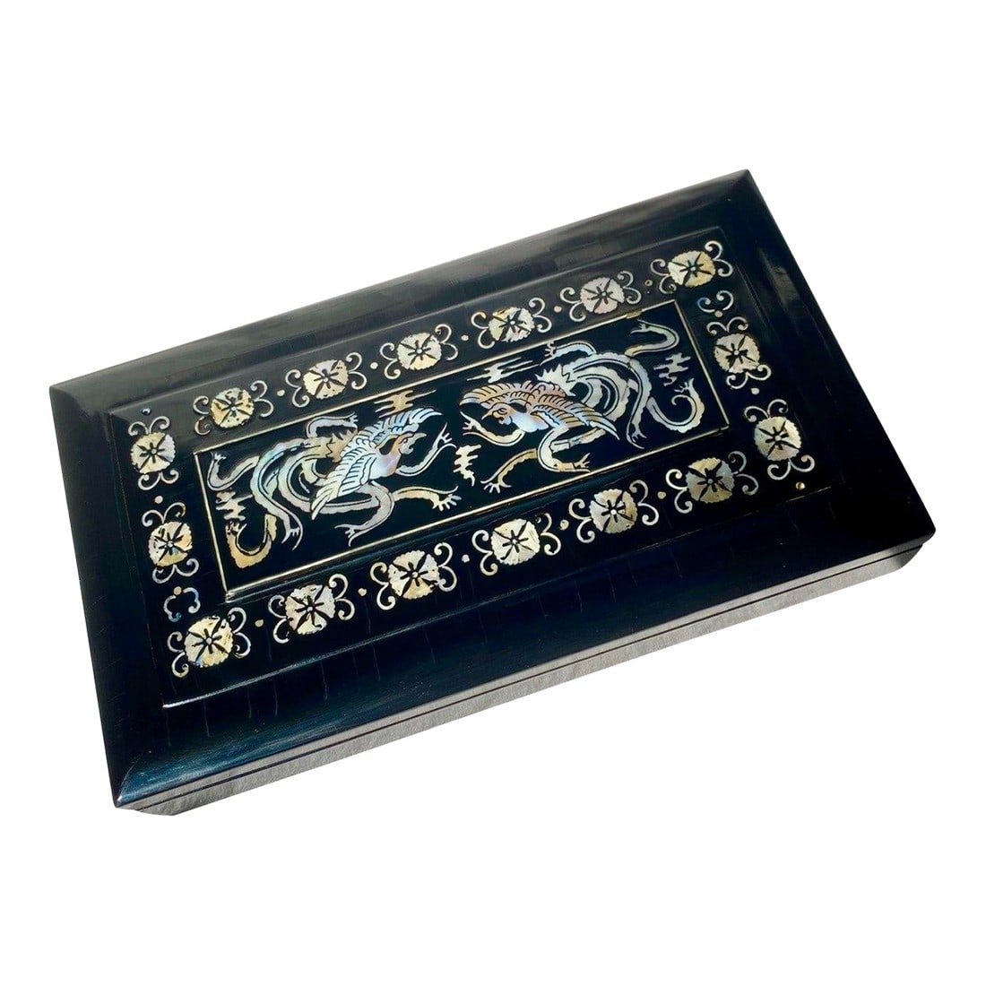 Antique Korean Mother-of-Pearl Inlaid Lacquer Smoking Box – Wabi Sabi Phoenix Motif: A beautifully expressive example of traditional Korean mother-of-pearl inlay, this lacquer smoking box carries the quiet soul of true hand craftsmanship. The lid features two phoenix birds rendered