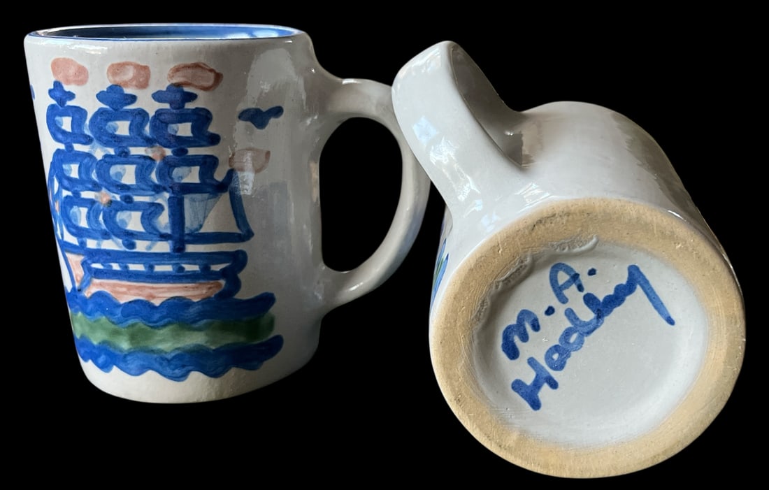 Vintage Mary Alice Hadley "Low Tide" Hand-Painted Folk Art Stoneware Mugs - a Pair - 2