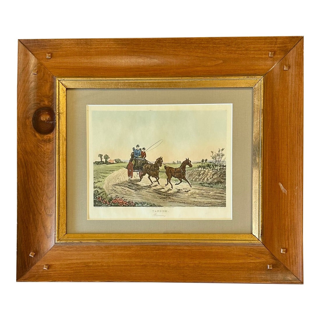 Tandem, Horse Carriage Scene, Framed Original Print, 1820: Original Hand Colored Aquatint by Henry Alken, 1820. "Tandem" refers to a specific arrangement of horses in a carriage, popular in 19th-century coaching. Custom framed in a wood frame and mat.