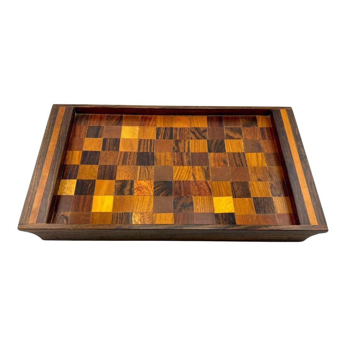 Mid 20th Century Don Shoemaker Mixed Woods Checkerboard Pattern Tray by SenÃ l: Absolutely stunning tray- made from multiple types of exotic woods laid in a checkerboard pattern set in rosewood. Has a few minor surface scratches consistent with age. Measures 11" X 6 1/4" X 1"