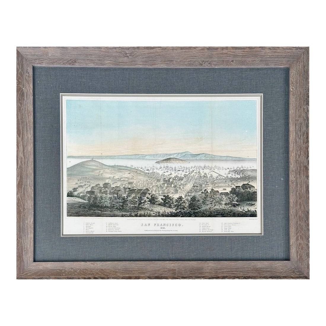 San Francisco Original Lithograph by T. Sinclair, 1851, Framed: Original lithograph by T. Sinclair, 1851. One of the earliest views of San Francisco. Sinclair was known for his detailed depictions of urban landscapes during the 19th century, contributing to the