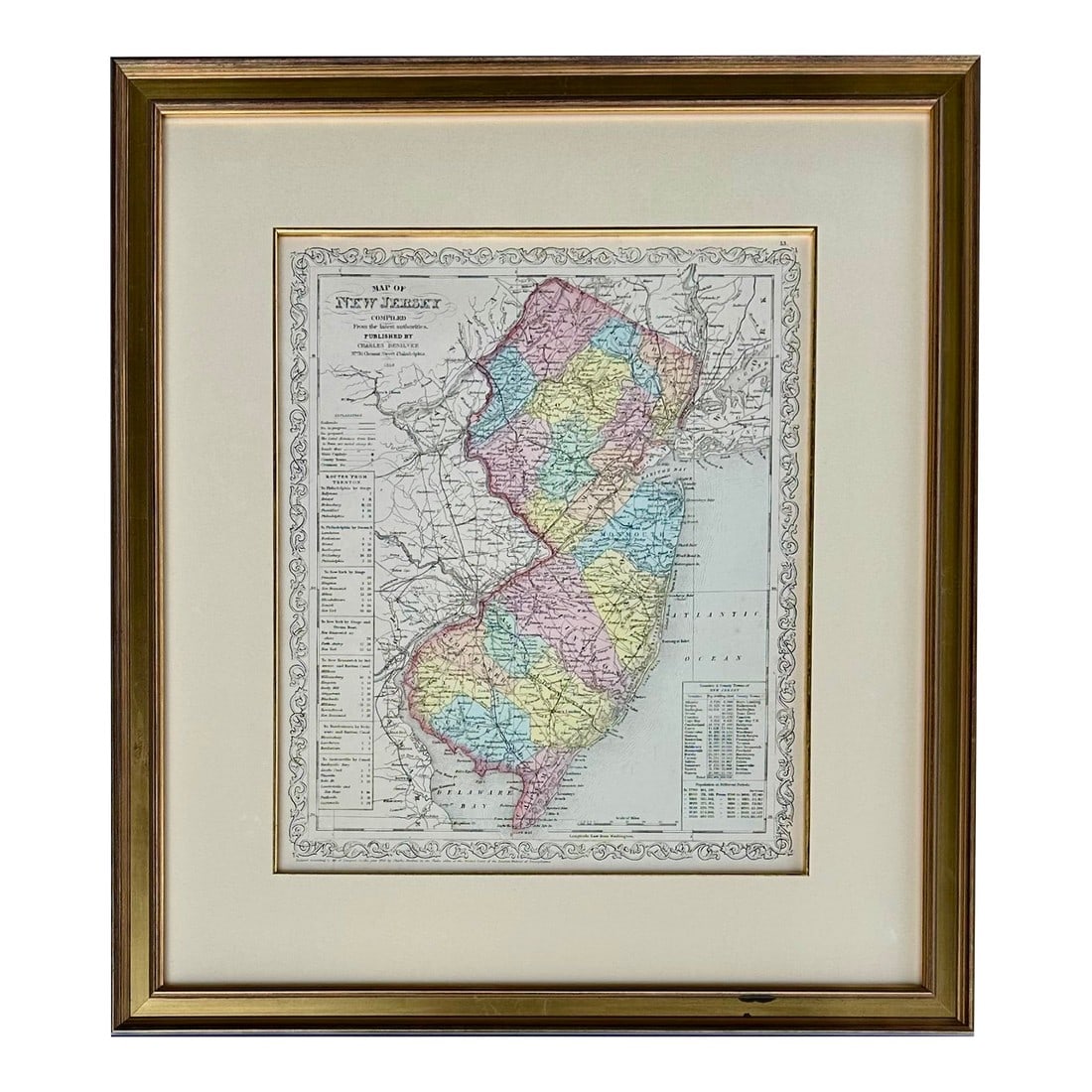 Map of New Jersey by Charles Desilver, 1859 (Framed): Original engraving by Charles Desilver's New General Atlas, 1859. The map features colored counties, railroads, roads, canals, and topographical information from the mid-19th century. Custom framed