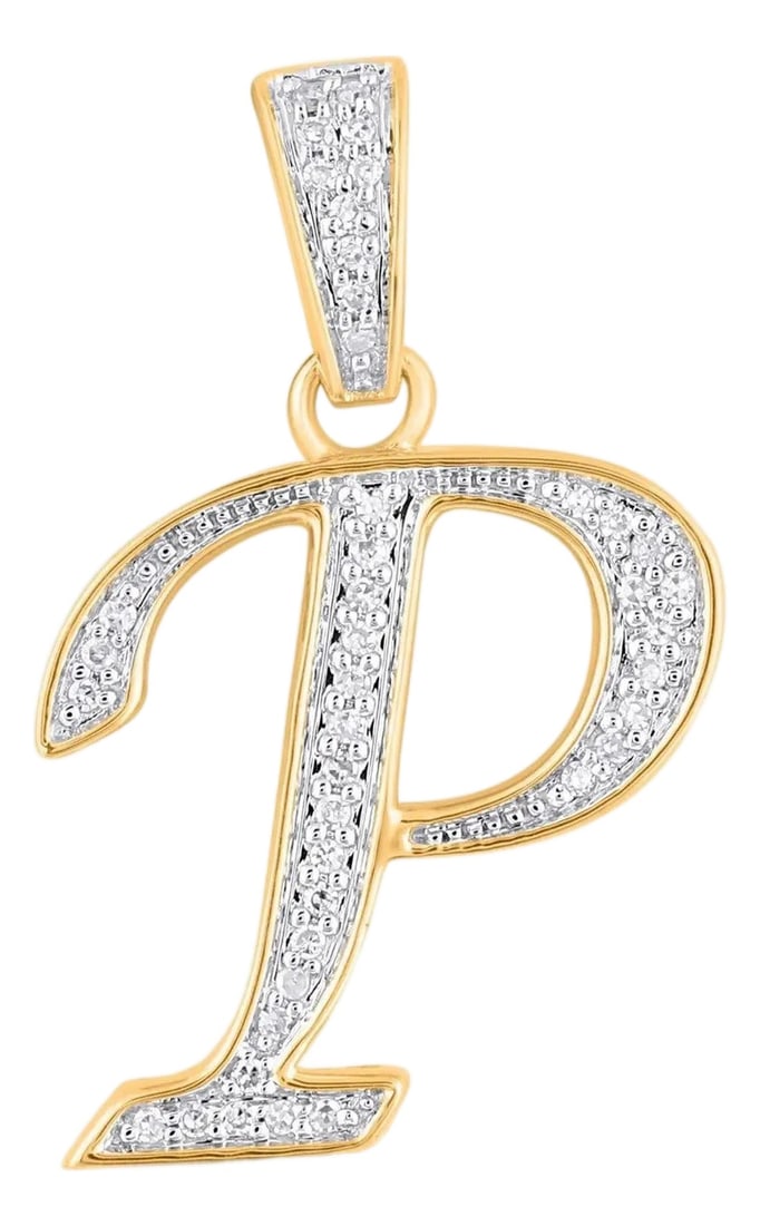 10K Yellow Gold Round Diamond P Letter Initial Pendant 1/10 Cttw: This 10K Yellow Gold Round Diamond P Letter Initial Pendant 1/10 Cttw is a refined diamond necklace crafted in premium rose gold and set with round brilliant diamonds. Designed for layering or